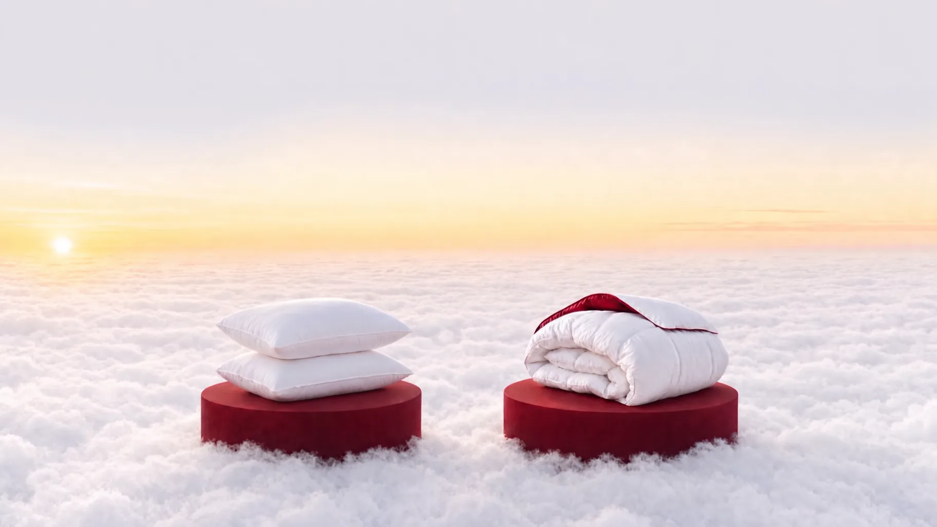 Een kussen en een dekbed van HMG op rode sokkels boven de wolken