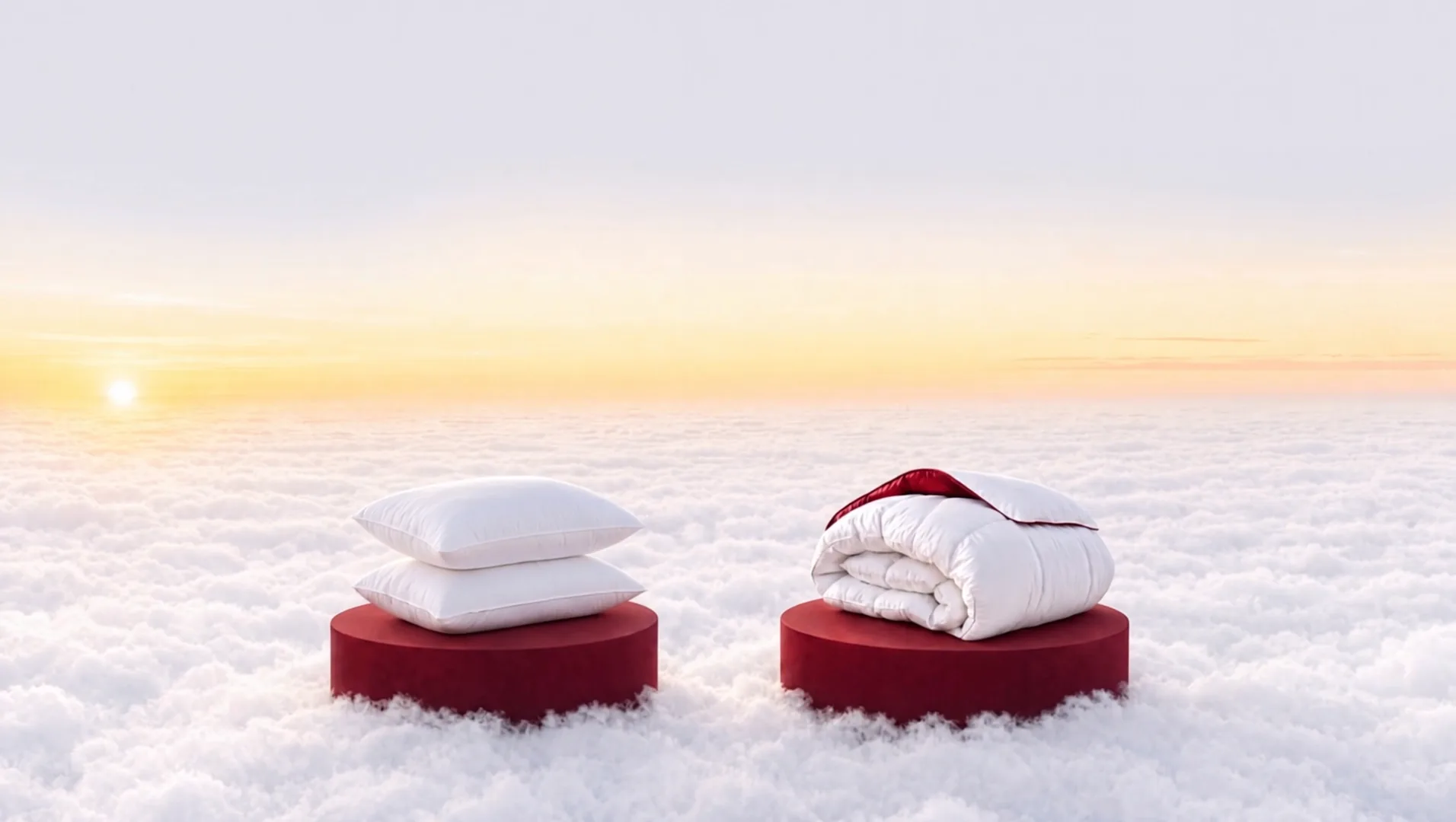 Een kussen en een dekbed van HMG op rode sokkels boven de wolken