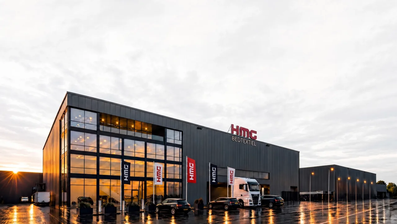 De glazen gevel van de fabriek van HMG Bedtextiel in Eindhoven, in het avondlicht